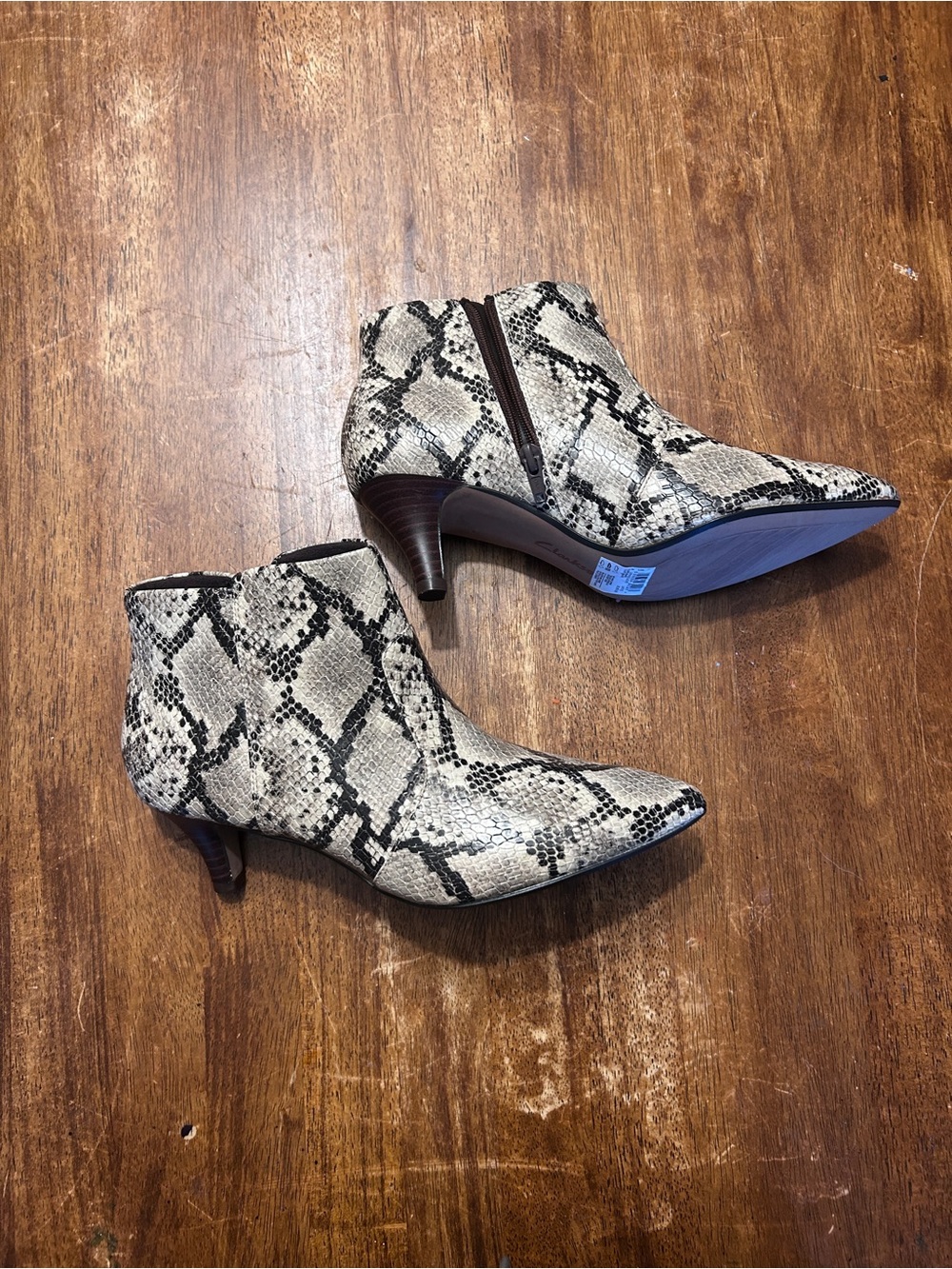 Clark’s Kitten Heel Snake-Print Maximalist Rockstar Pointed Toe Ankle Boots